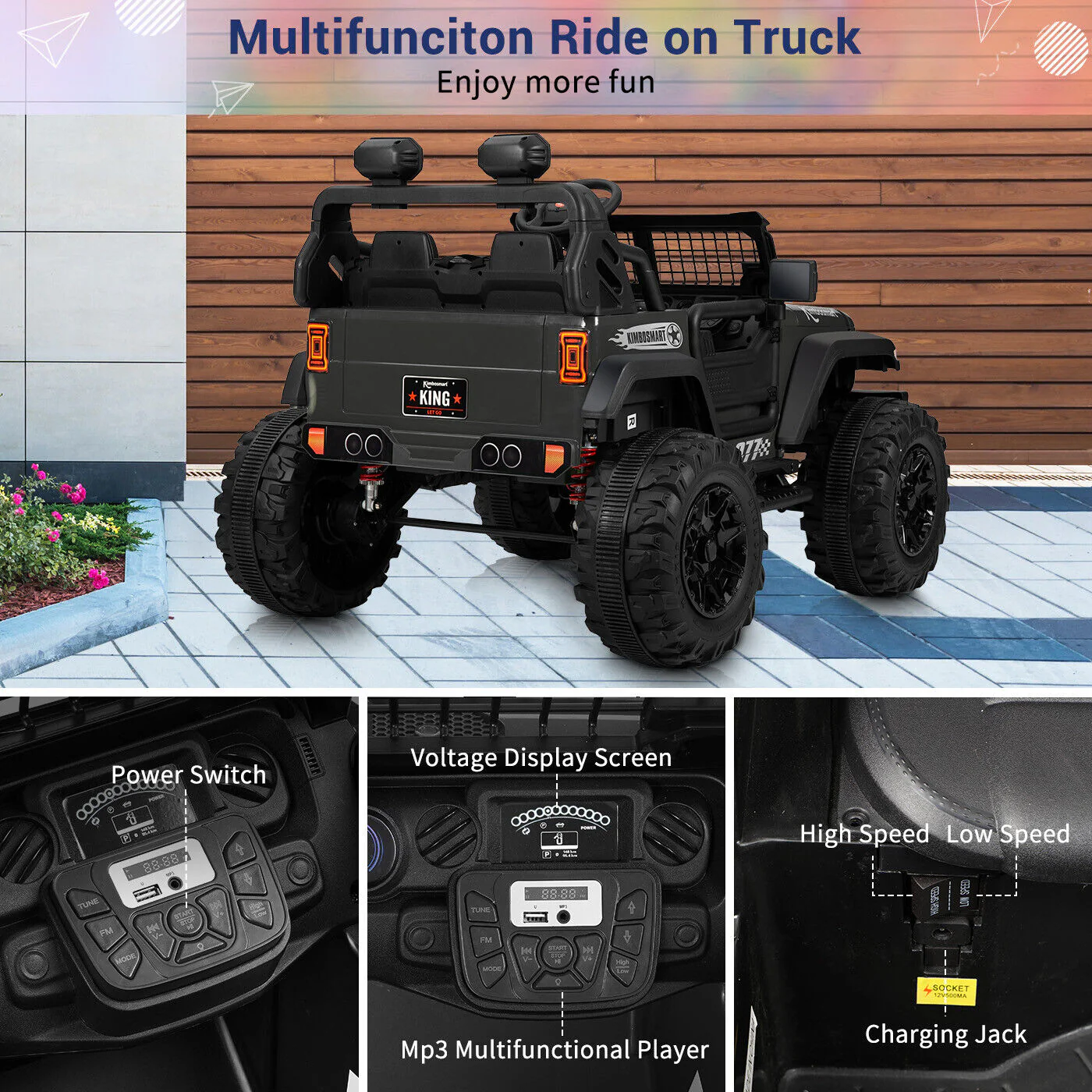 Kimbosmart 24V Electric Battery-Powered Children's Ride-On Vehicle Truck Featuring LED Lights, MP3 Player, and Bluetooth Connectivity - Image 8