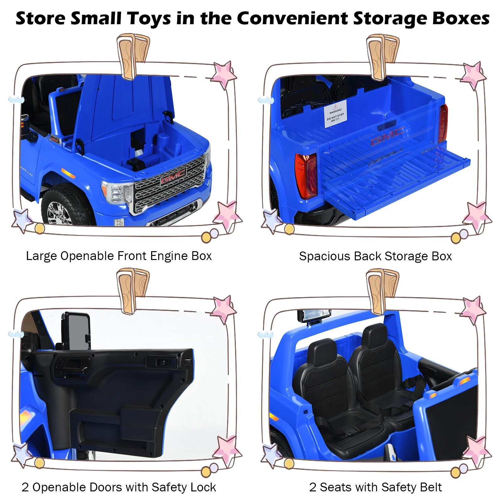 Licensed GMC 2-Seater Kids Ride On Truck with RC Control and Storage Box - Blue - Image 10