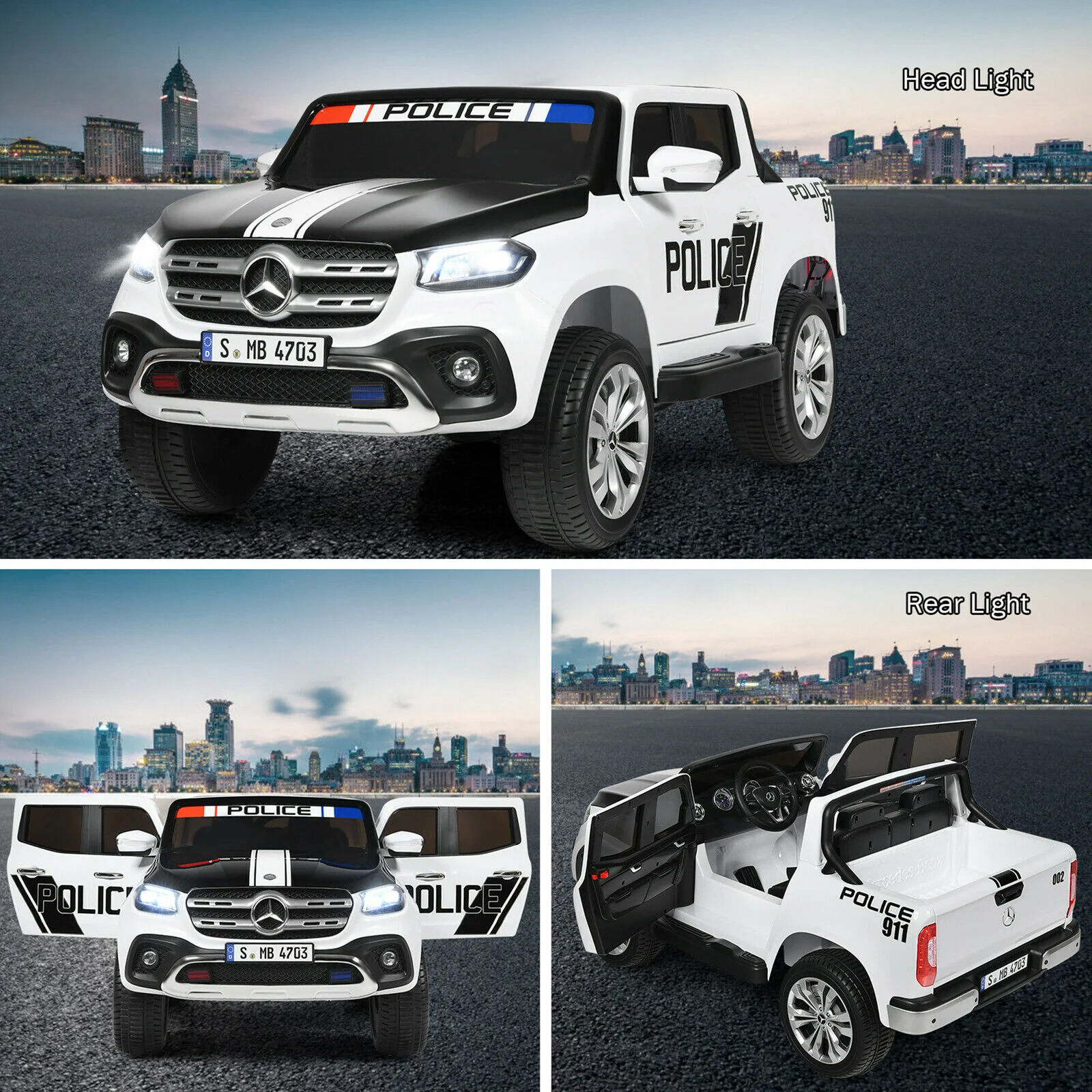 Licensed Mercedes Benz X Class RC 2-Seater Kids Police Car with Trunk - 12V - Image 9
