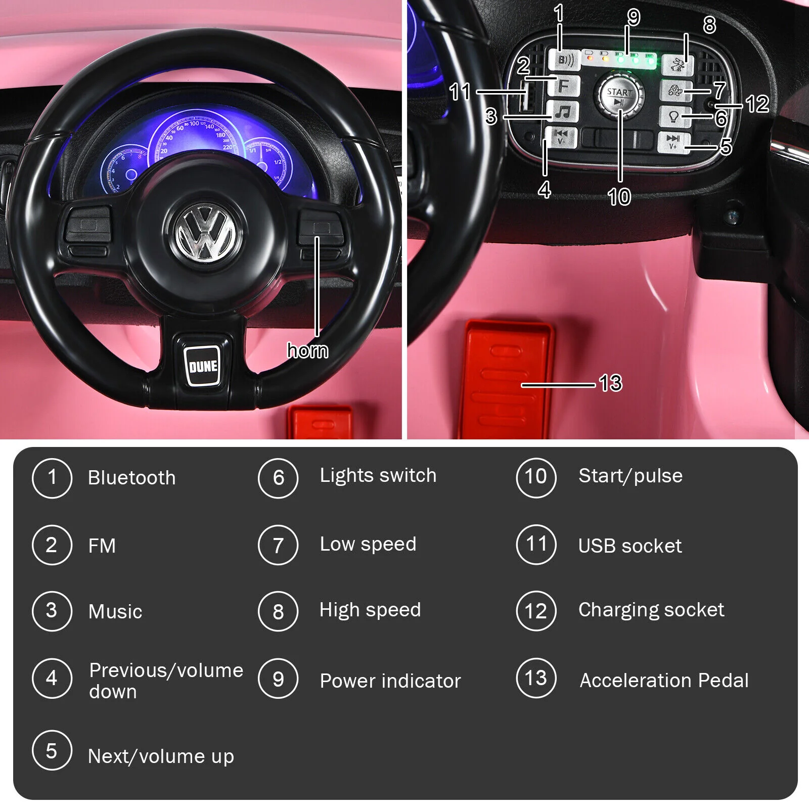 Licensed Pink Volkswagen Beetle Ride-On Car for Kids with Remote Control and Music - 12V - Image 6