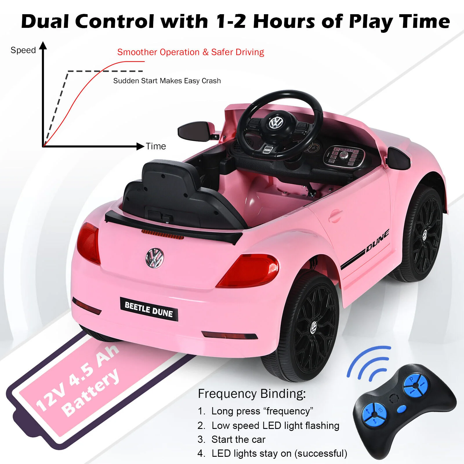 Licensed Pink Volkswagen Beetle Ride-On Car for Kids with Remote Control and Music - 12V - Image 7