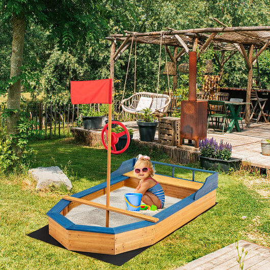 Natural Pirate Boat Sandbox for Kids with Flag and Rudder - Image 2