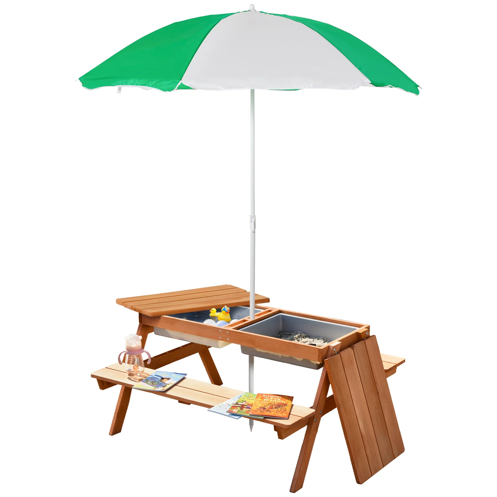 Kids Picnic Table with Umbrella and Built-in Sand and Water Play Table - Image 11