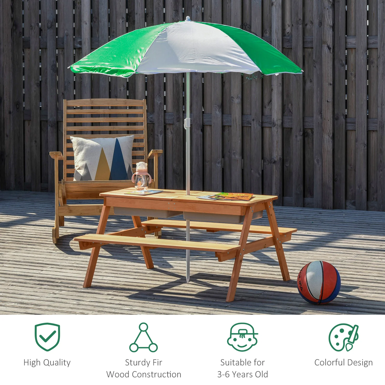 Kids Picnic Table with Umbrella and Built-in Sand and Water Play Table - Image 6