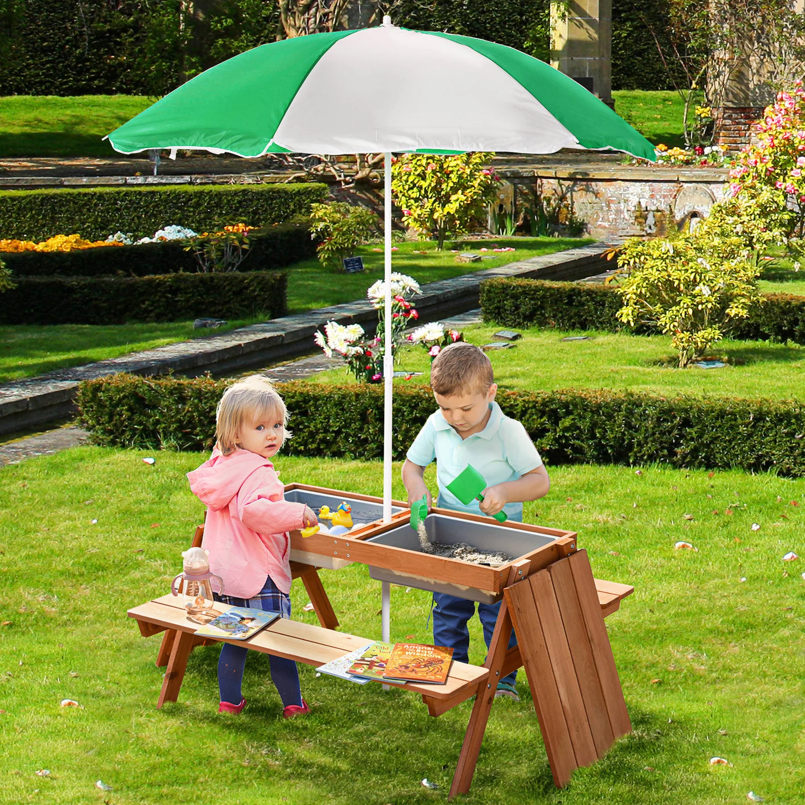Kids Picnic Table with Umbrella and Built-in Sand and Water Play Table - Image 9