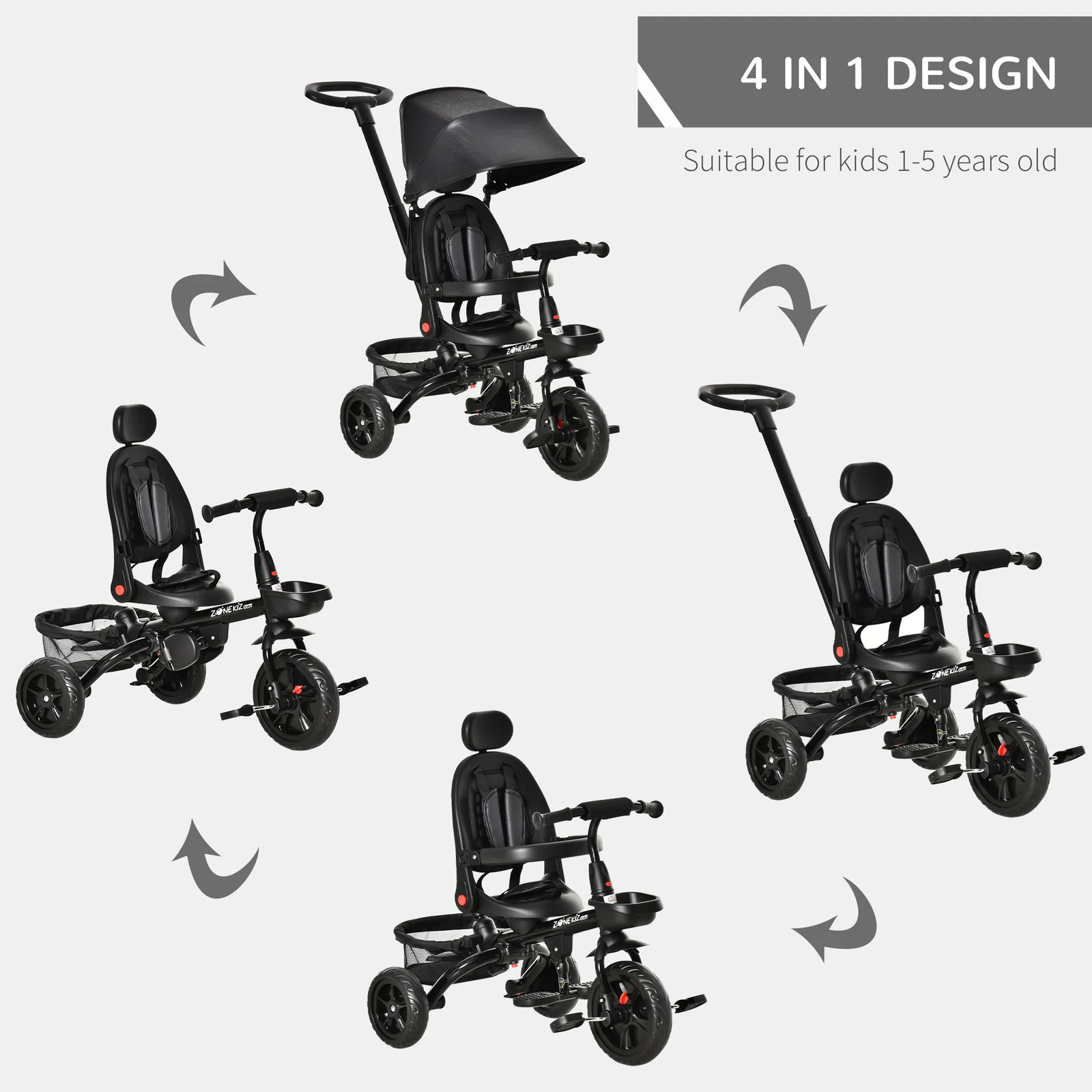 4-in-1 Kids Tricycle with Reversible Seat and Adjustable 2.8-3.1 ft Height Push Handle - Image 6