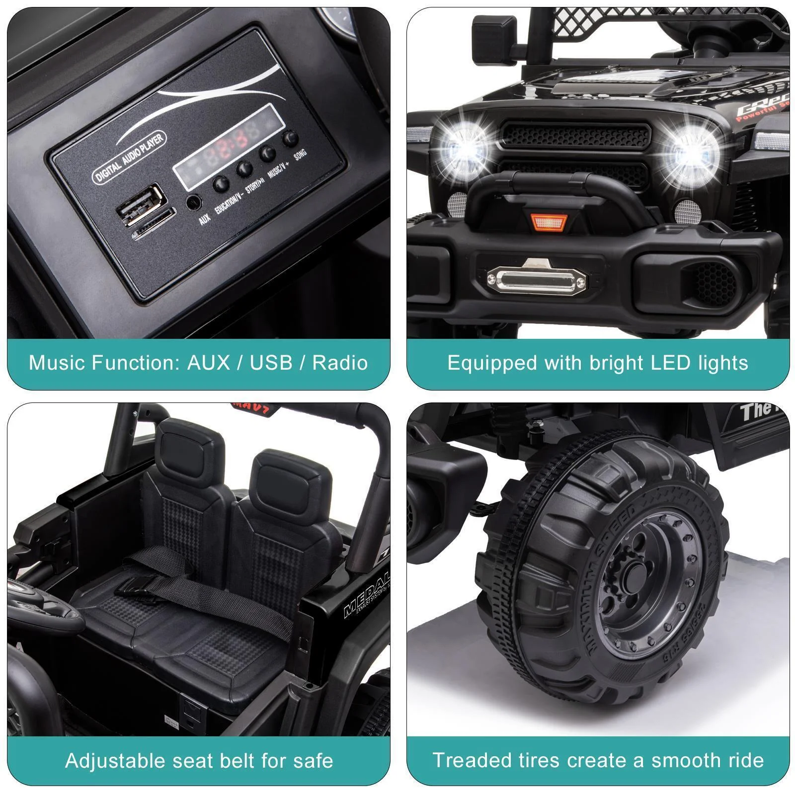 Rechargeable Electric Car Toy with Adjustable Seat Belt and 3 Speeds - Black - Image 10