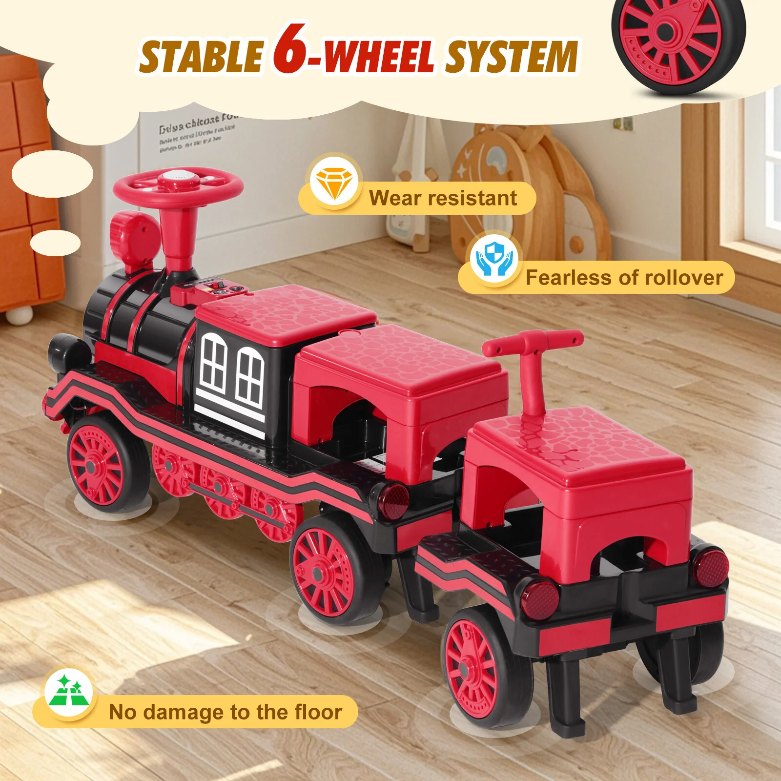 12V Electric 2-Seater Ride-On Train for Kids with Carriage, Music and Lights – Red and Blue - Image 6