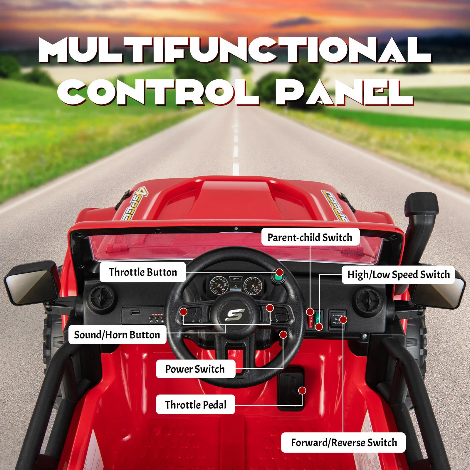 Red Parent-Child Ride On Truck with Remote Control, LED Lights, and Music - 12V 10AH - Image 5