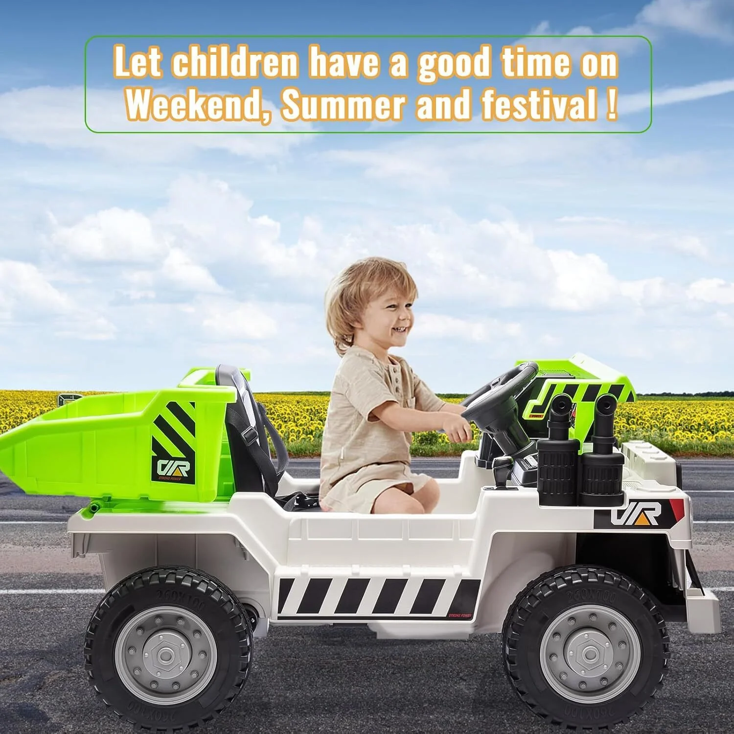 Kids Ride-On Green Dump Truck with Remote Control, Extra Shovel, and Music Features - Image 7