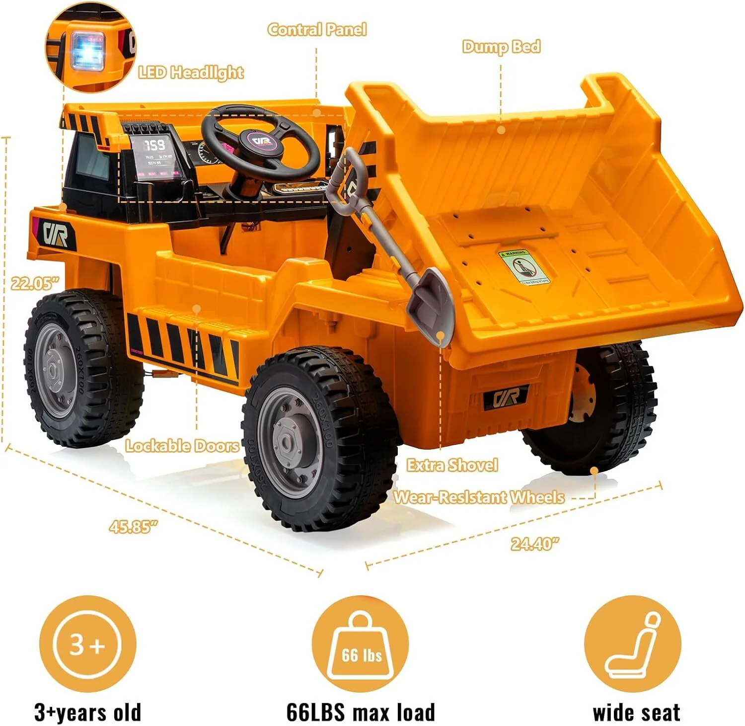 Orange Ride-On Dump Truck with Remote Control and Extra Shovel for Kids - Image 2