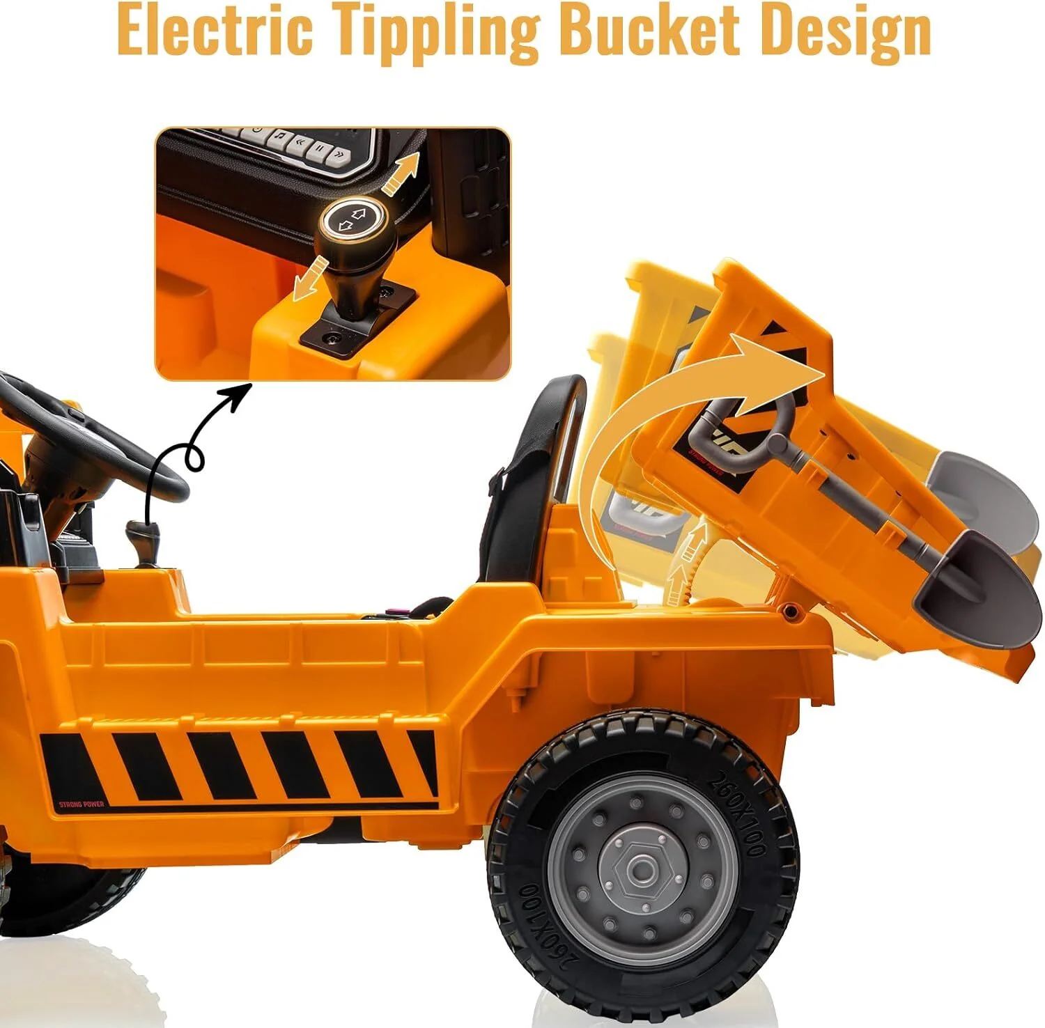 Orange Ride-On Dump Truck with Remote Control and Extra Shovel for Kids - Image 3