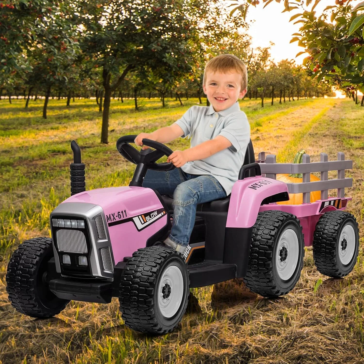 Kids Pink Ride-On Tractor Car with Trailer, Remote Control, and Headlights - Image 3