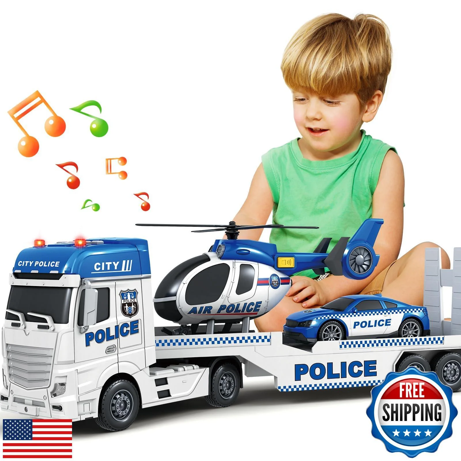 25-Inch Large Police Truck Toy with Racing Car for Toddler Boys - Image 6