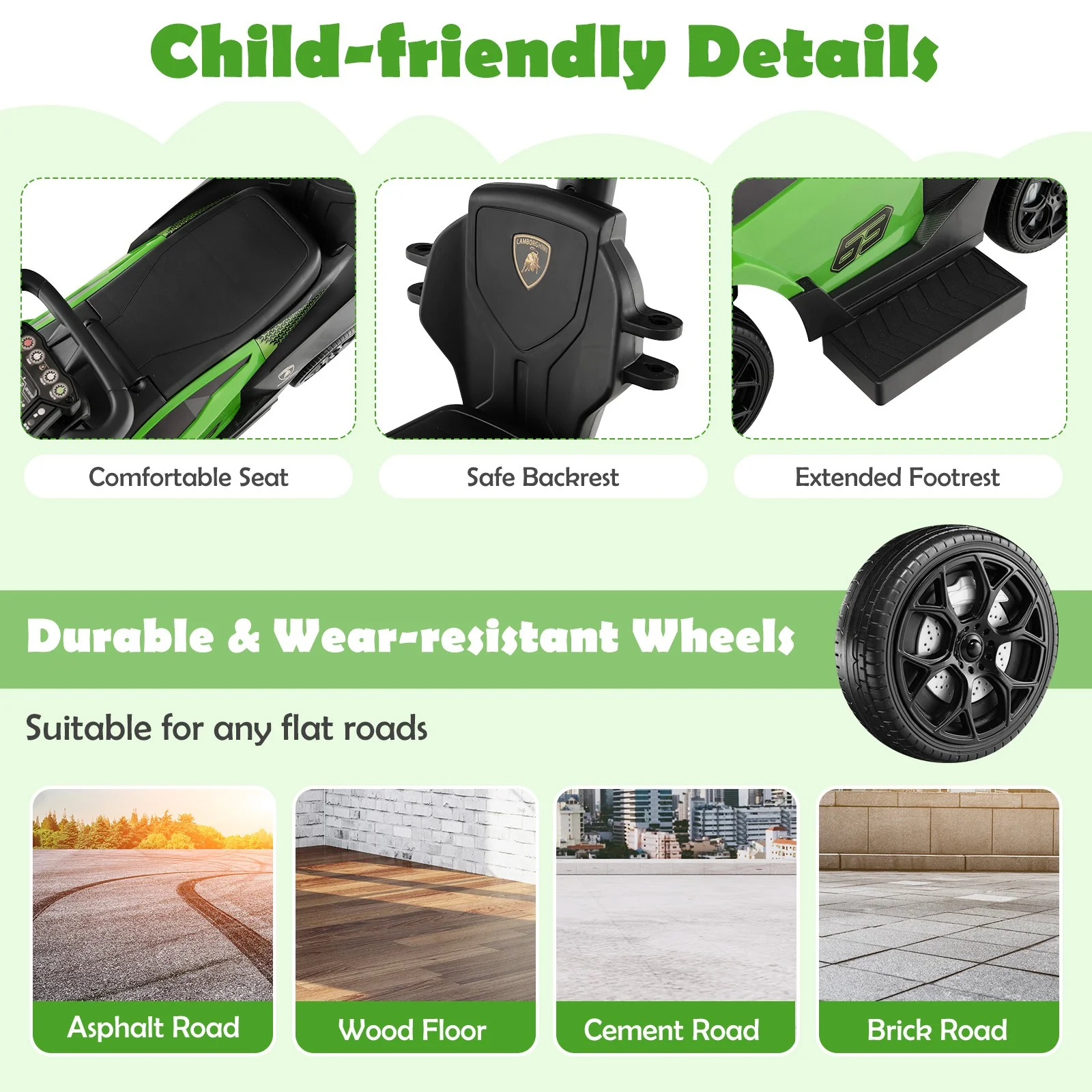3-in-1 Licensed Lamborghini Ride-On Push Stroller Car with Sound Green - Image 8