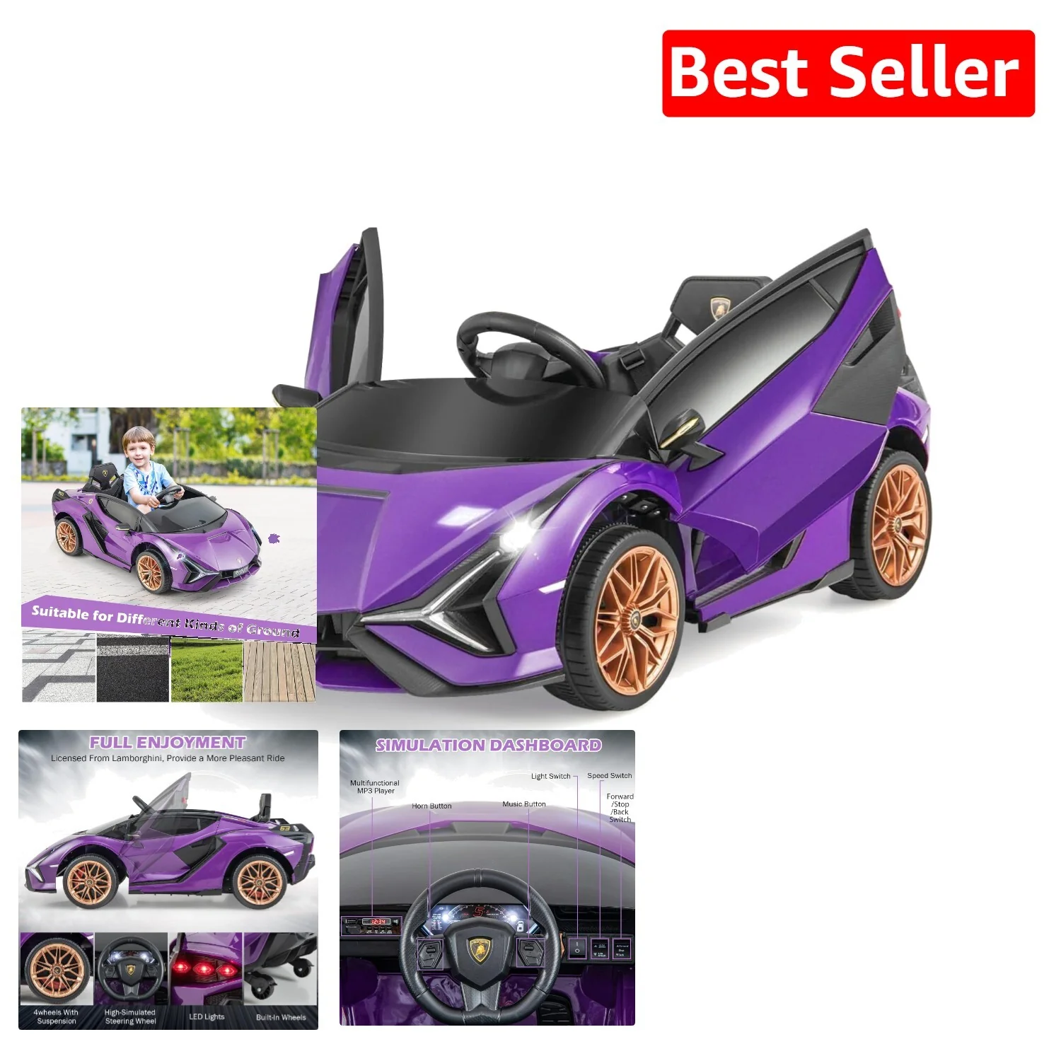 Purple Kids Remote Control Sports Car with Suspension and Sound Effects - Image 12