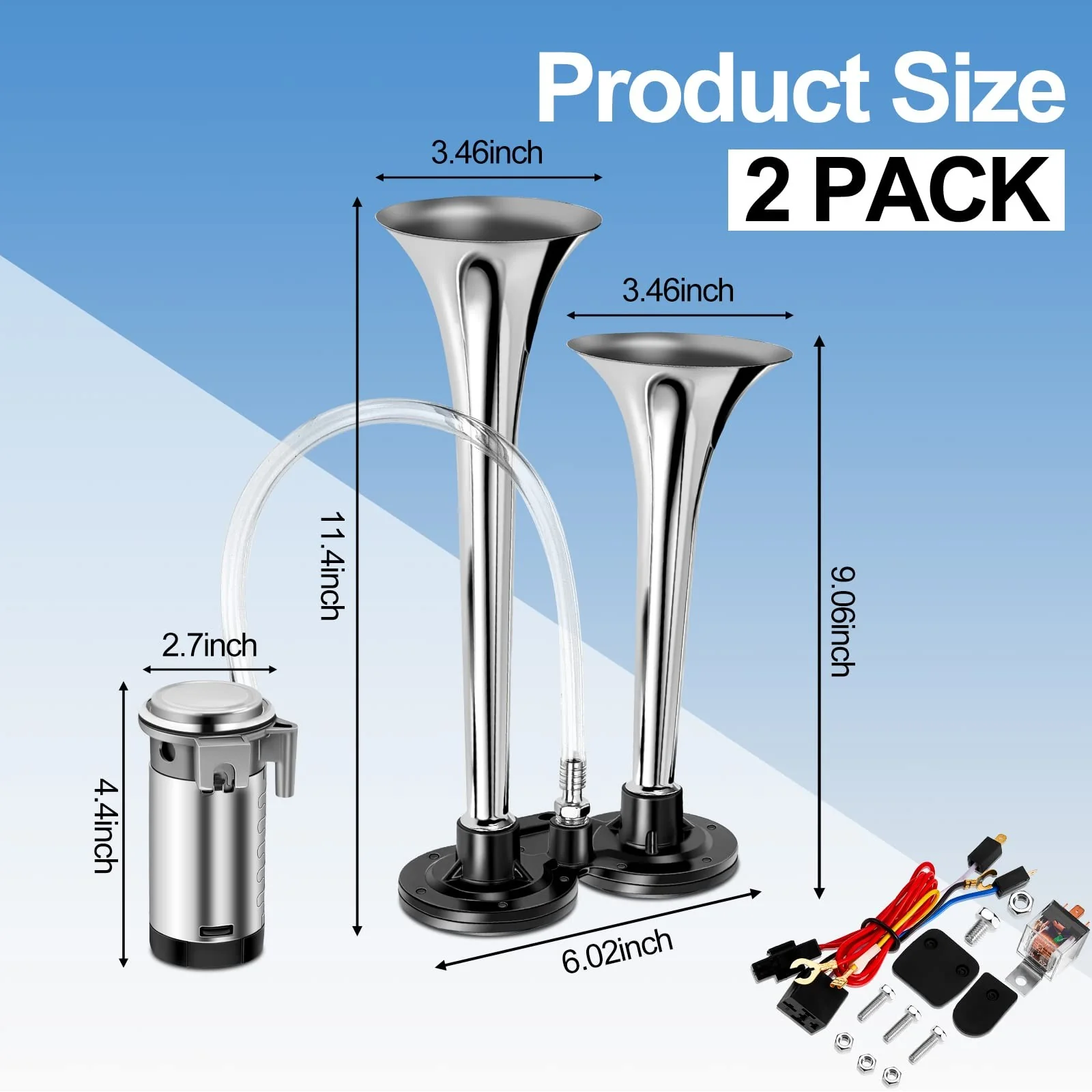 2-Pack 12V 150dB Loud Air Horn Kit for Trucks, Boats, and Cars with Air Compressor - Image 2
