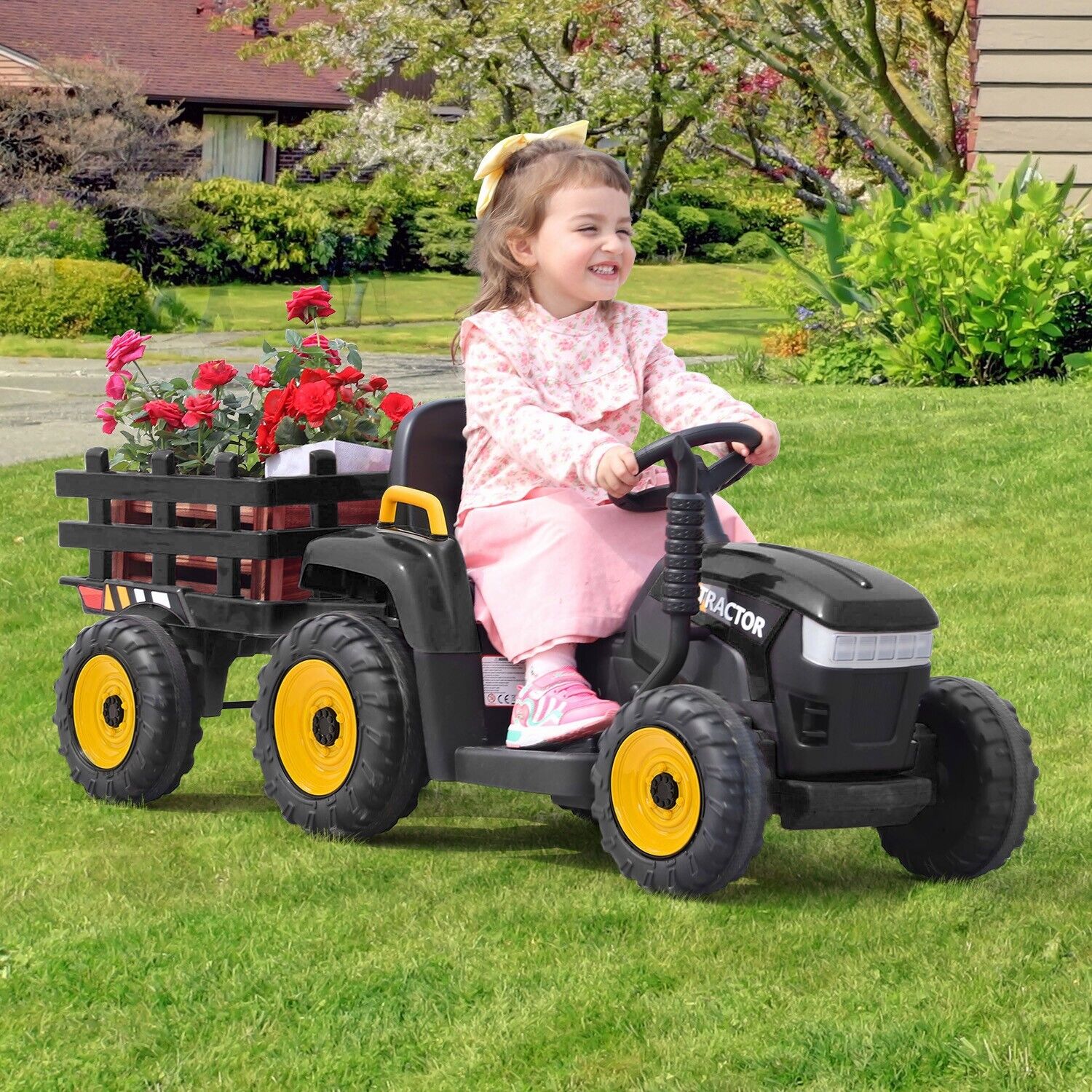 TOBBI 12V Electric Kids Ride On Tractor with Trailer and Lights - Image 12