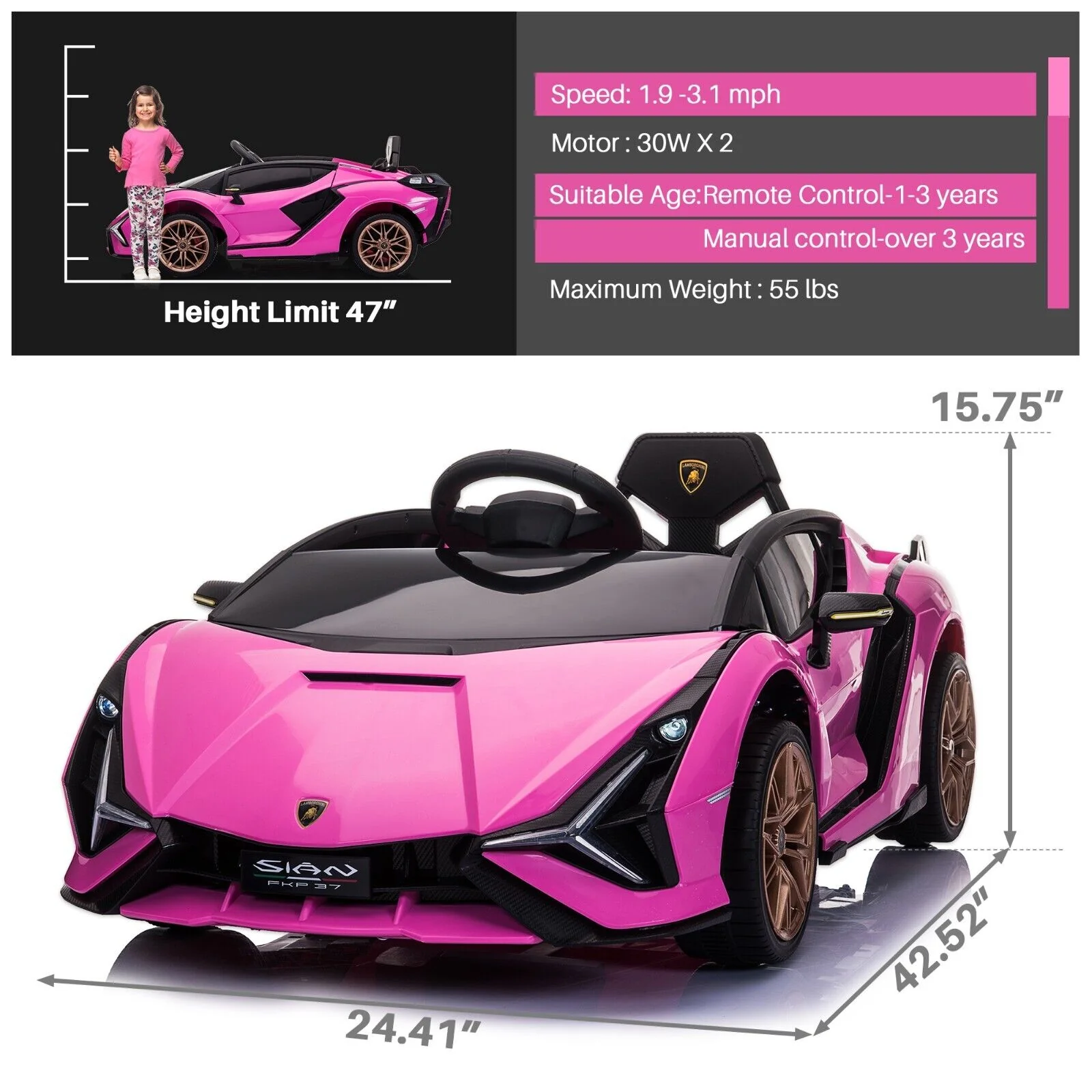 TOBBI 12V Kids Lamborghini SIAN Electric Ride-On Car with Parental Remote Control - Image 2