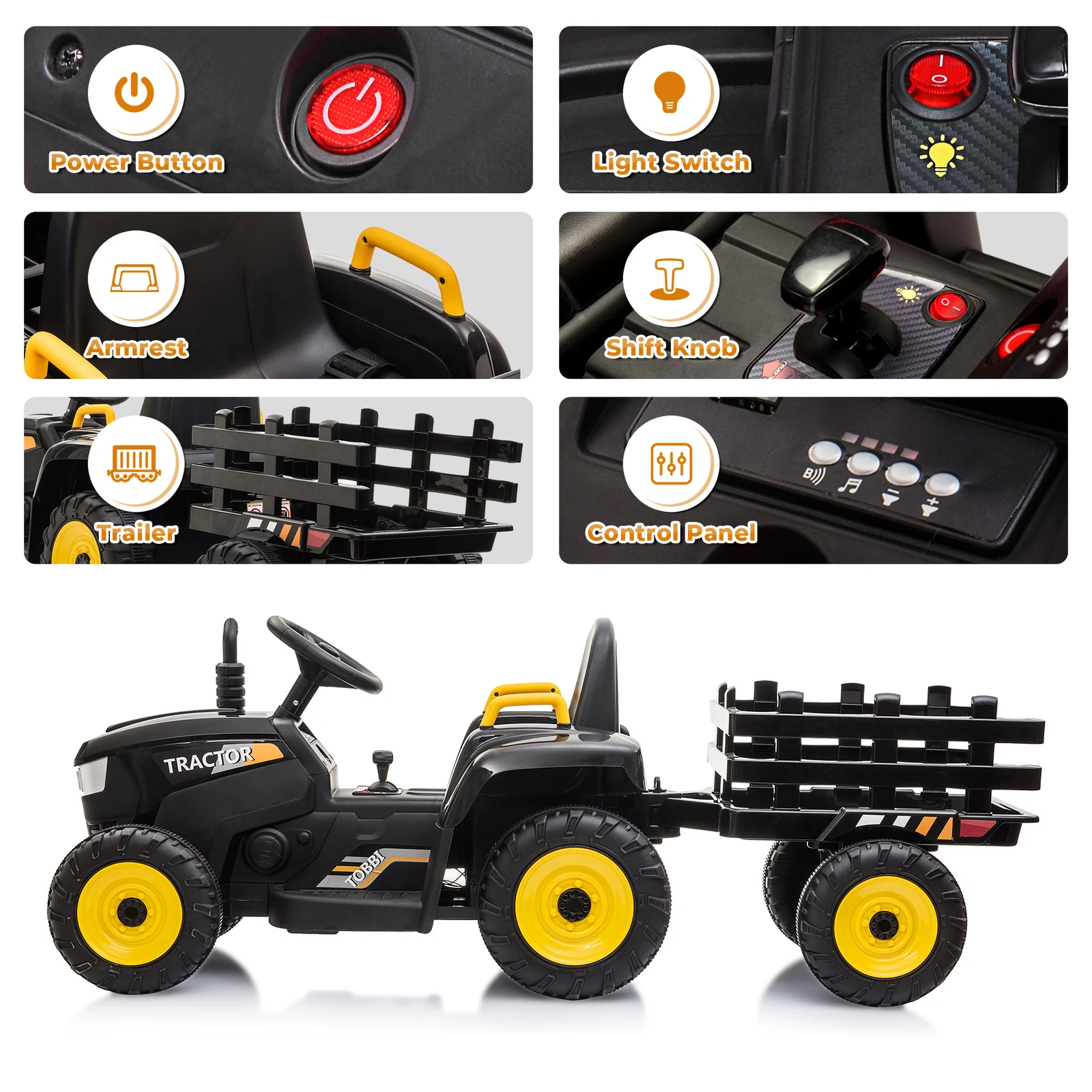 12V Electric Ride-On Kids Tractor with Battery Powered Toy Car and Trailer - Image 3