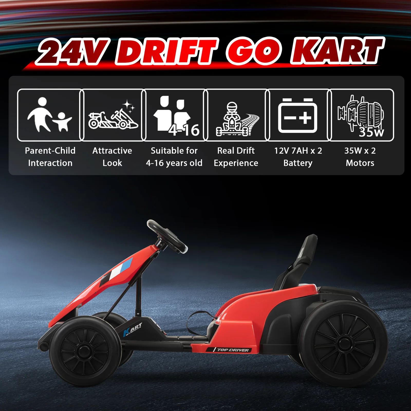 24V Electric Ride-On Go-Kart Toy Vehicle for Kids Ages 4-16 - Image 6