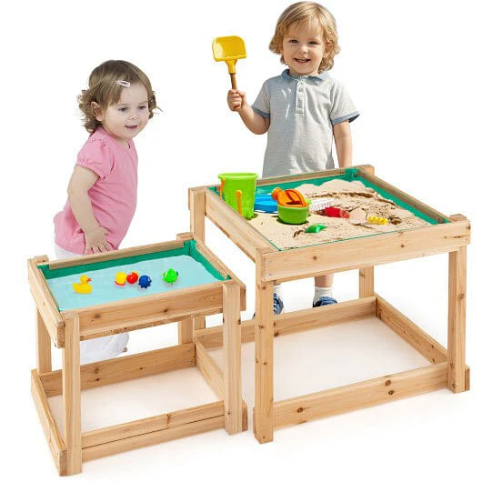Wooden Sand and Water Table with Protective Cover for Kids, Natural Finish - Image 4