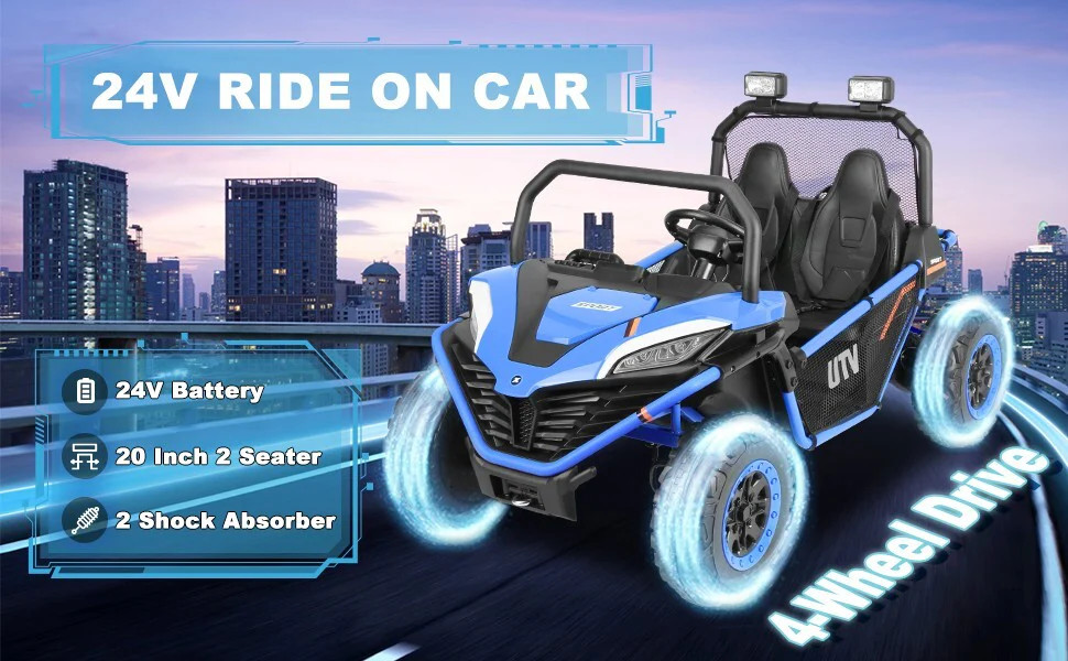 24V Electric 2-Seater Kids Ride-On 4WD UTV Truck with Remote Control Blue - Image 2