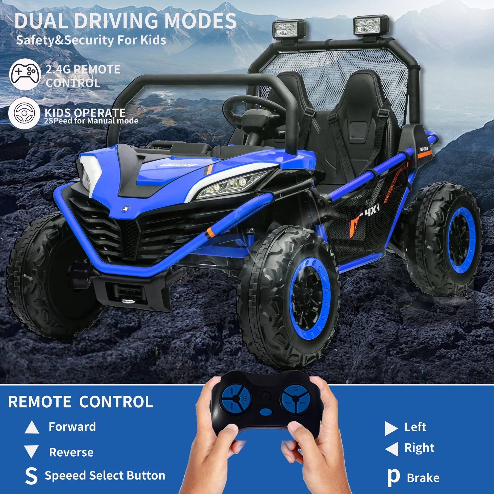 24V Electric 2-Seater Kids Ride-On 4WD UTV Truck with Remote Control Blue - Image 3